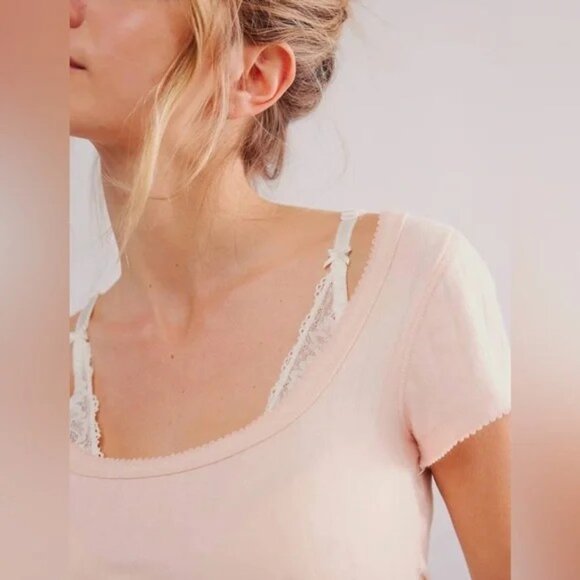 New Free People Intimately End Game Pointelle Baby Tee, Small, Peach - Picture 2 of 7